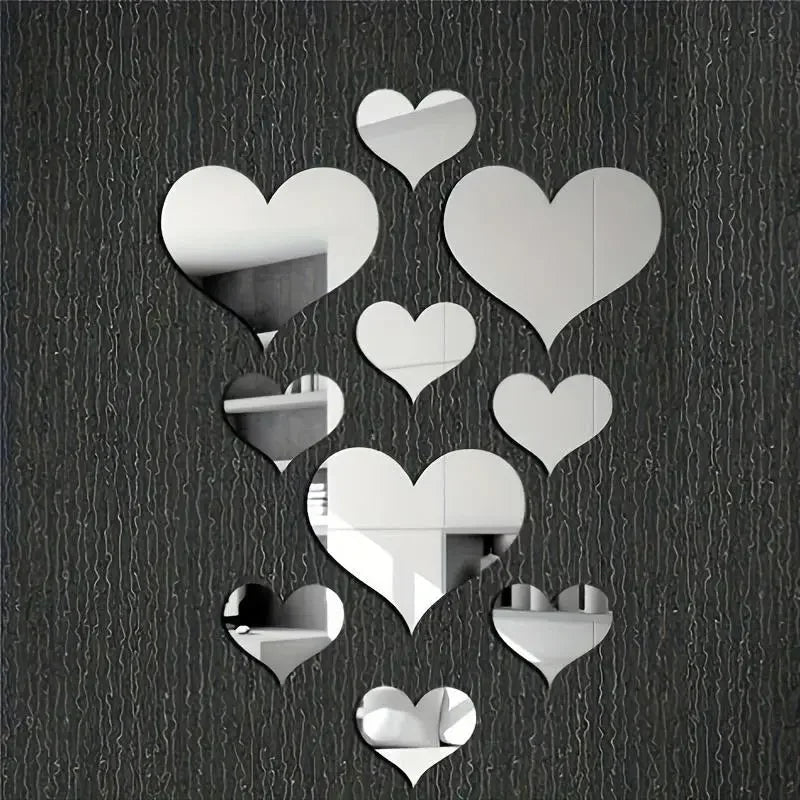 Set Pegatinas de Pared Corazones 3D Efecto Espejo