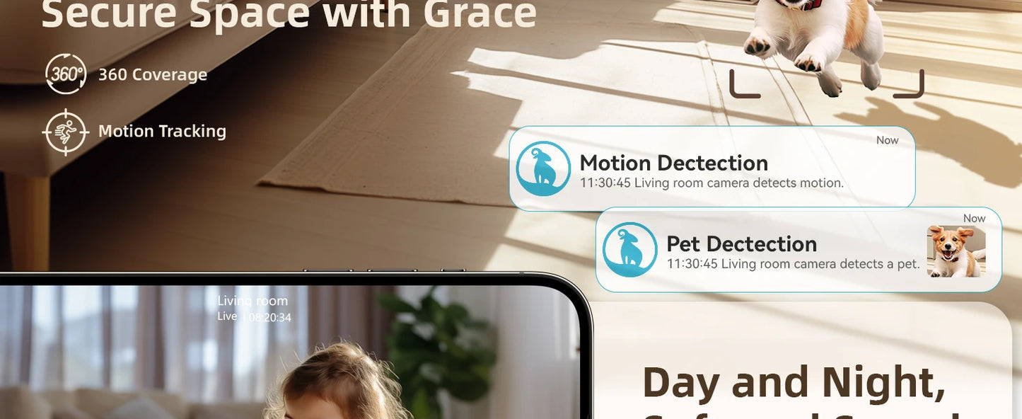 Cámara de Seguridad WiFi 2K 360° con Doble Lente y Detección de Movimiento