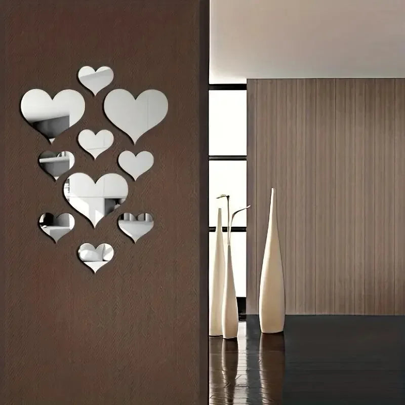 Set Pegatinas de Pared Corazones 3D Efecto Espejo